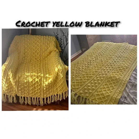 Crochet Knitted yellow Throw Blanket - Picture 1 of 12